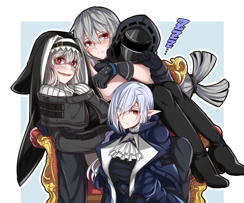 114514_(54857733), 3girls, arknights, arms_around_neck, ascot, bare_shoulders, belt, black_dress, black_footwear, black_gloves, black_headwear, black_jacket, black_pants, boots, breasts, buckle, capelet, chair, coat, doctor_(arknights), dress, earrings, gladiia_(arknights), gloves, grey_capelet, grey_coat, grey_hair, habit, hair_between_eyes, hair_ornament, hair_over_one_eye, highres, holding, hood, hooded_jacket, jacket, jewelry, large_breasts, long_hair, long_sleeves, looking_at_viewer, multiple_girls, missing_headwear, nun, nun_headdress, pants, pointy_ears, red_eyes, robe, single_earring, skadi_(arknights), sleeping, smile, snap-fit_buckle, specter_(arknights), thigh_boots, thighhighs, very_long_hair, whale_hair_ornament, white_ascot, white_hair