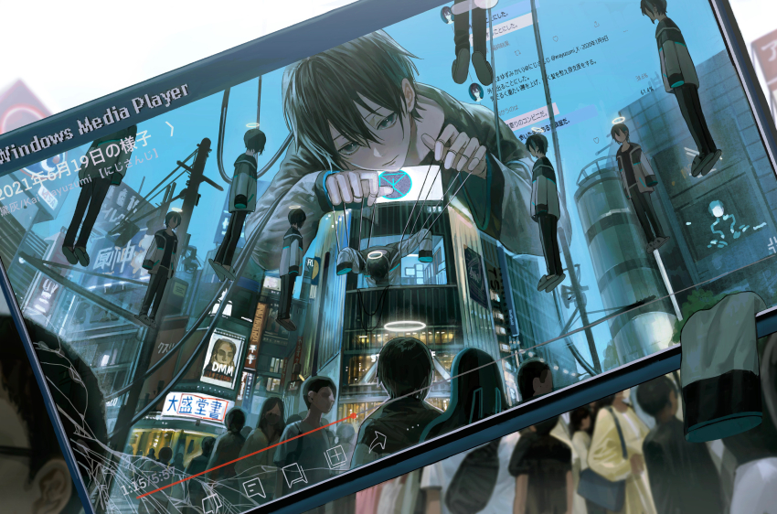 1boy, 6+others, absurdres, bad_id, bad_pixiv_id, black_eyes, black_hair, building