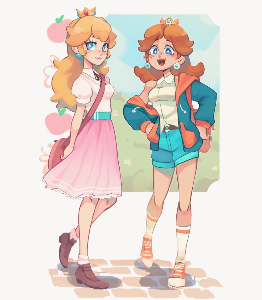 2girls, absurdres, alternate_costume, arms_behind_back, bag, blonde_hair, blue_eyes, blue_shorts