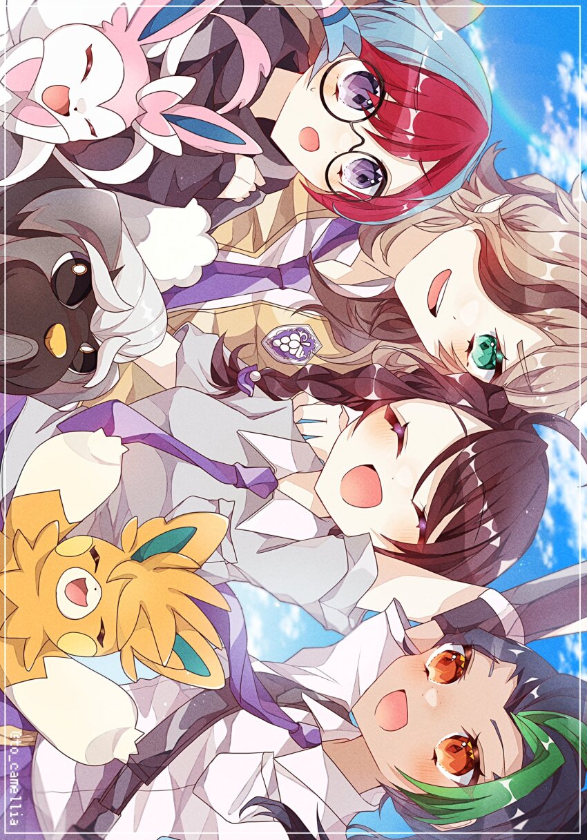 1boy, 3girls, artist_name, arven_(pokemon), bag, black_hair, blonde_hair, blue_hair