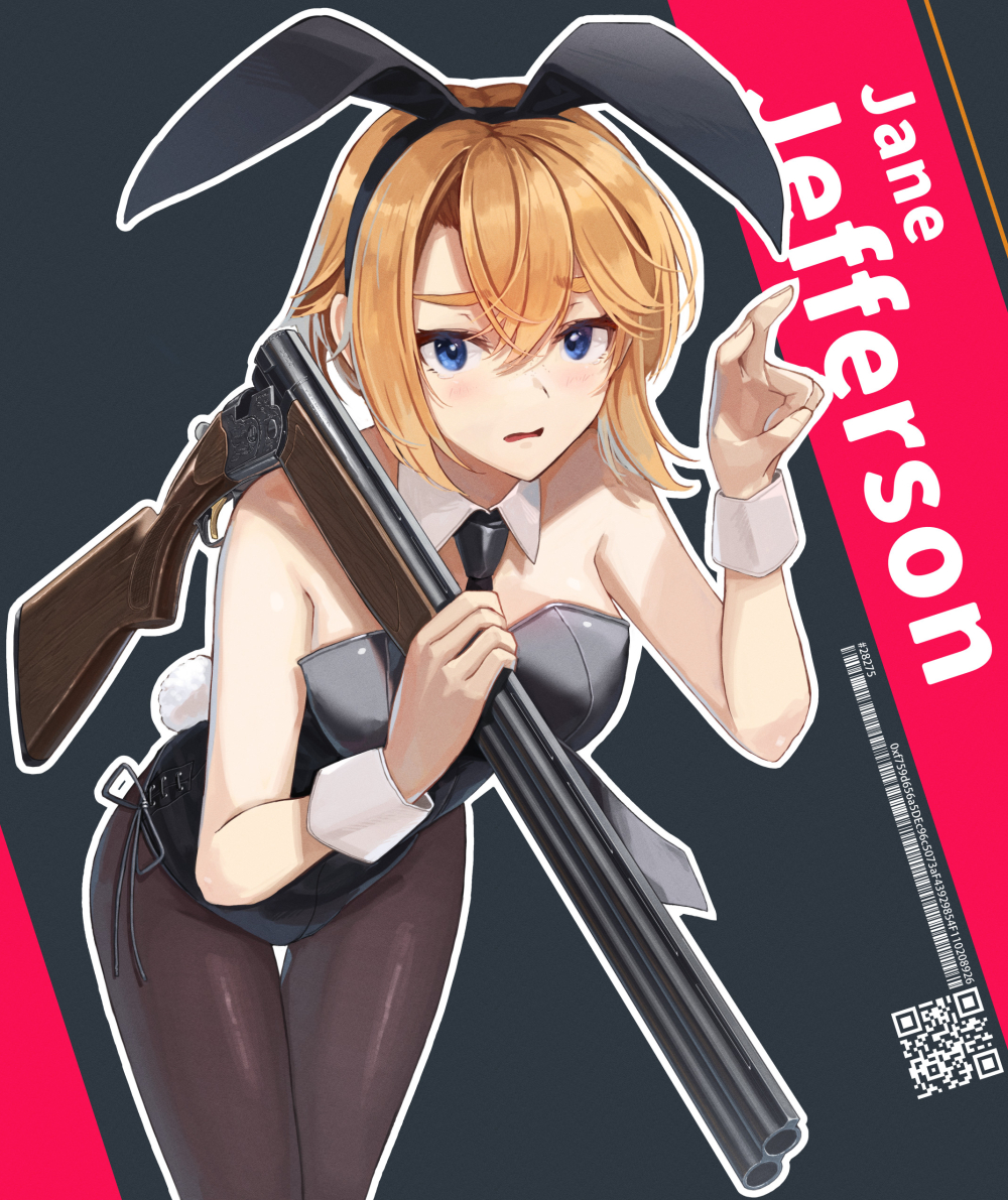 1girl, animal_ears, bare_shoulders, black_hairband, black_leotard, black_necktie, blue_eyes, break-action_shotgun