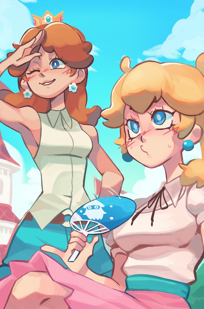 2girls, absurdres, alternate_costume, blonde_hair, blooper_(mario), blue_eyes, blue_shorts, blue_sky