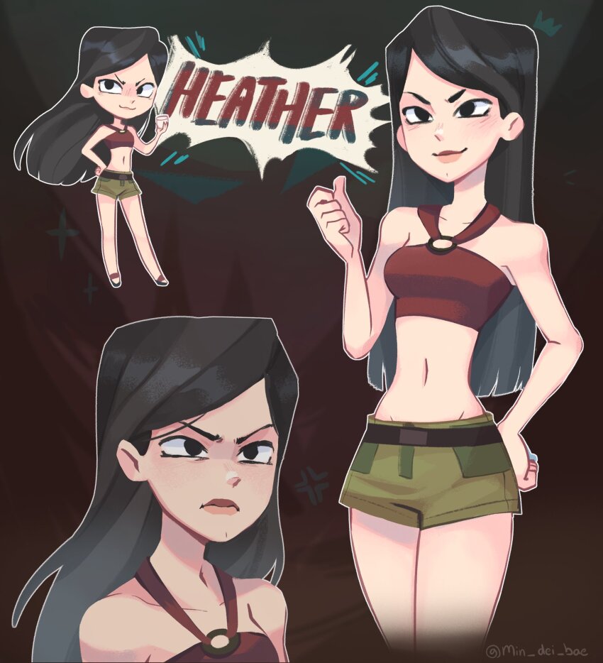 1girl, black_hair, character_name, chibi, chibi_inset, crop_top, green_shorts, heather_(total_drama)