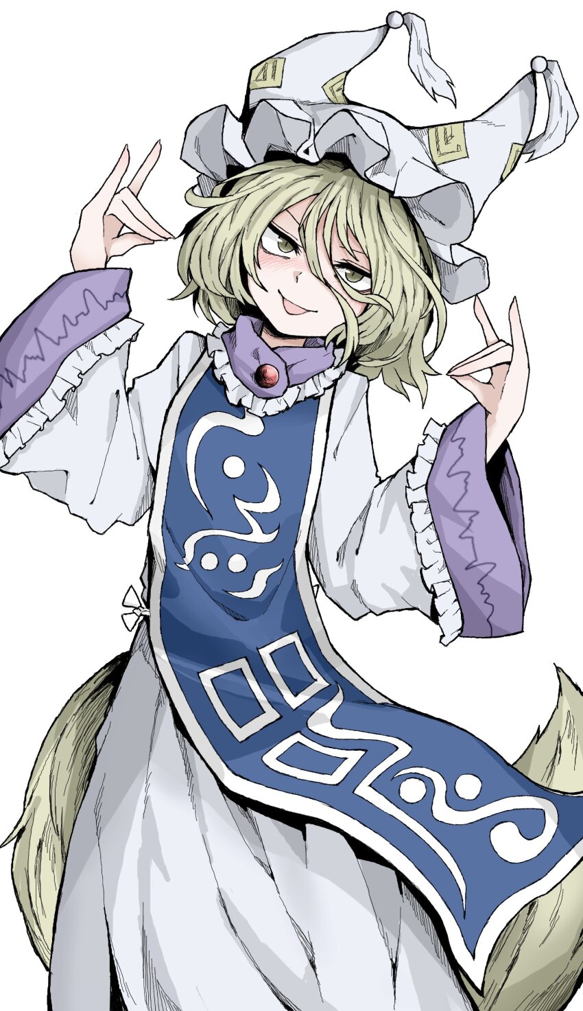 1girl, absurdres, animal_ears, blonde_hair, blush, cosplay, double_fox_shadow_puppet, dress