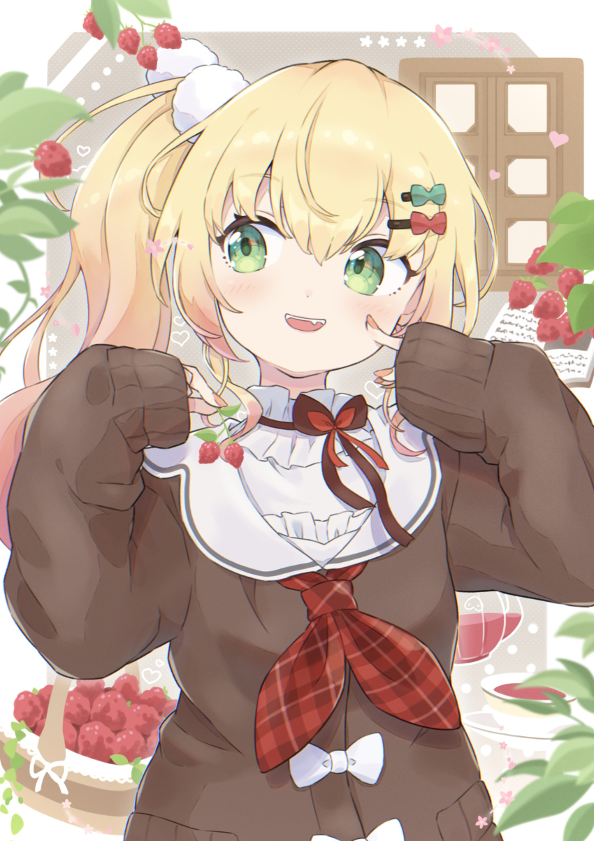 1girl, absurdres, blonde_hair, blush, brown_cardigan, cardigan, commentary, double-parted_bangs