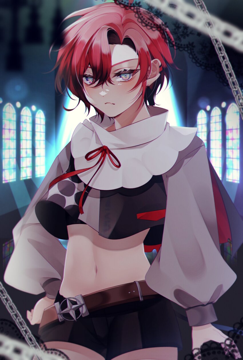 1boy, absurdres, androgynous, belt, black_shorts, blush, brown_belt, chain, crop_top, earrings, eyelashes, fang, frown, green_eyes, hair_between_eyes, hand_on_own_hip, highres, holostars, holostars_english, jewelry, lace_print, looking_at_viewer, machina_x_flayon, male_focus, navel, short_hair, short_shorts, shorts, skin_fang, solo, standing, suhyo, trap, virtual_youtuber, window