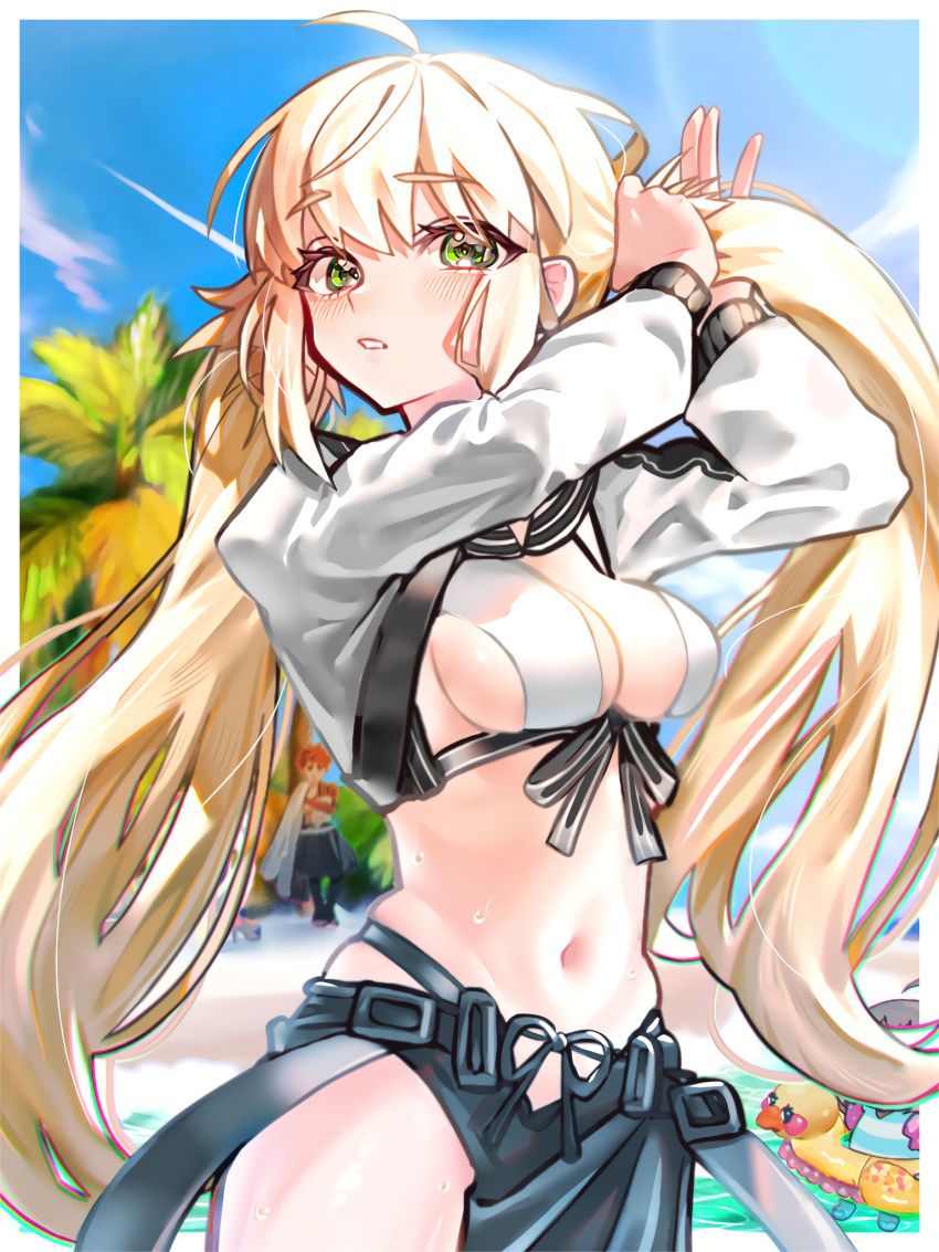 2boys, 2girls, ahoge, artoria_caster_(fate), artoria_caster_(swimsuit)_(fate), artoria_caster_(swimsuit)_(first_ascension)_(fate), artoria_caster_(swimsuit_berserker)_(first_ascension)_(fate), artoria_pendragon_(fate), asymmetrical_clothes, beach, bikini, black_pants, blue_sky, blush, breasts, chibi, cloud, commentary_request, cropped_jacket, emiya_shirou, fate/grand_order, fate_(series), green_eyes, grey_hair, hair_between_eyes, highres, huo_ting, innertube, jacket, long_hair, looking_at_viewer, medium_breasts, mini_person, miniboy, multiple_boys, multiple_girls, navel, oberon_(fate), oberon_(refreshing_summer_prince)_(fate), outdoors, palm_tree, pants, partially_submerged, red_hair, senji_muramasa_(fate), short_hair, single_pantsleg, size_difference, sky, stomach, swim_ring, swimsuit, tree, twintails, very_long_hair, water, wet, white_jacket