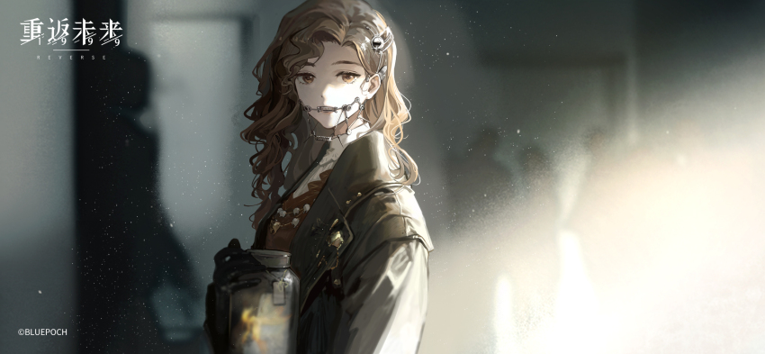 1girl, black_gloves, bluepoch, blurry, blurry_background, braces, brown_coat, brown_eyes, brown_hair, coat, copyright_name, copyright_notice, curly_hair, dress, gloves, grey_background, highres, holding, holding_jar, indoors, jar, jewelry, light_particles, logo, looking_at_viewer, necklace, official_art, official_wallpaper, parted_bangs, parted_lips, people, red_dress, reverse:1999, shirt, sidelighting, solo, sunlight, teeth, tooth_fairy_(reverse:1999), tooth_necklace, upper_body, white_shirt