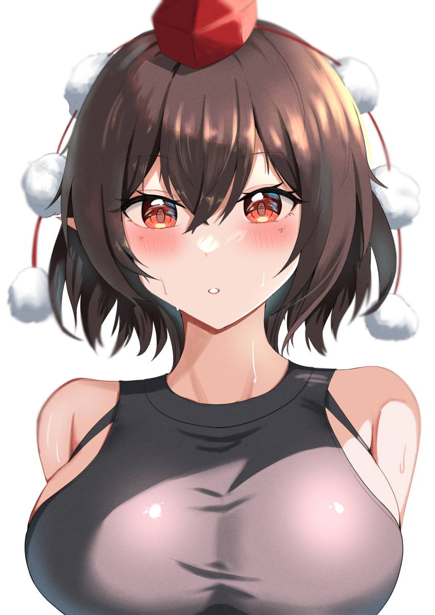 1girl, black_hair, black_shirt, blush, breasts, hair_between_eyes, hair_ornament, hat, highres, kakubou, large_breasts, pointy_ears, pom_pom_(clothes), pom_pom_hair_ornament, red_eyes, red_hat, shameimaru_aya, shirt, short_hair, sleeveless, sleeveless_shirt, sweat, taut_clothes, taut_shirt, tokin_hat, touhou, upper_body