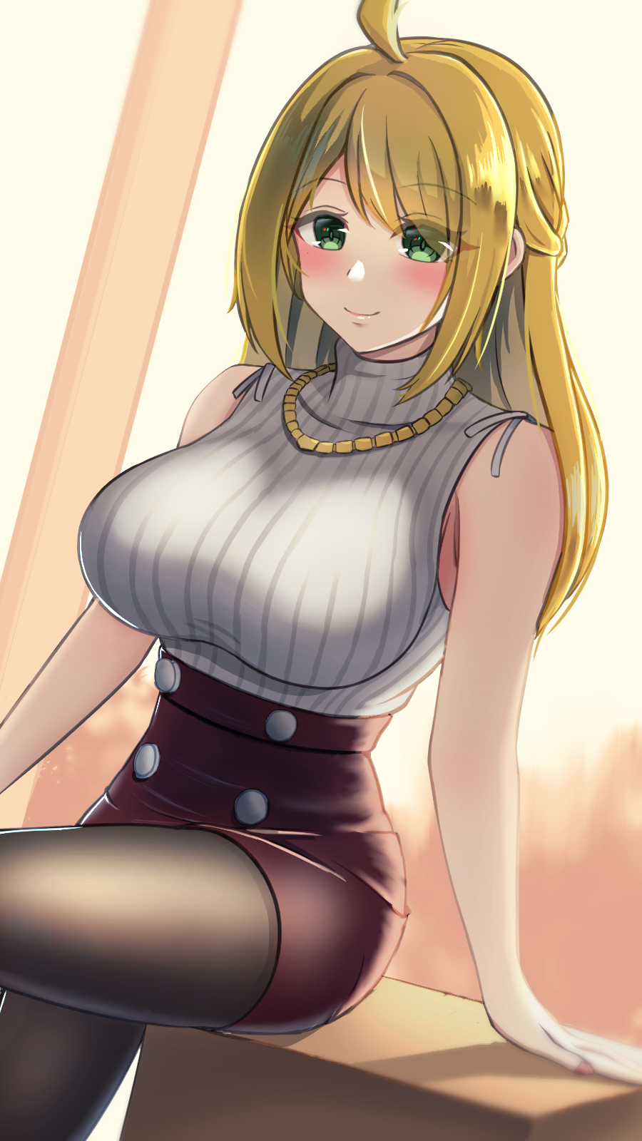1girl, ahoge, blonde_hair, blush, breasts, green_eyes, grey_shirt, high-waist_skirt