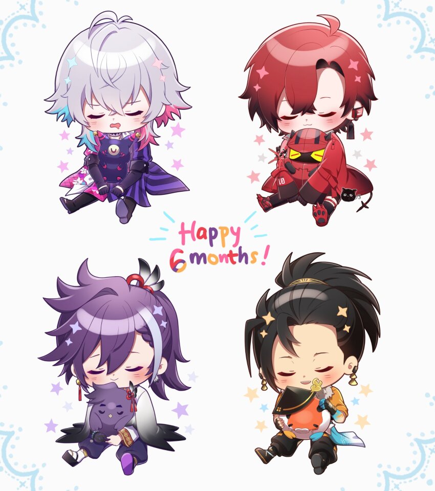 4boys, ahoge, anniversary, asymmetrical_clothes, banzoin_hakka, bird, black_gloves, black_hair, blue_hair, blush, chibi, cindycc07, closed_eyes, commentary, drooling, earrings, english_commentary, english_text, fang, feather_hair_ornament, feathers, fish, gavis_bettel, gloves, grey_hair, hair_between_eyes, hair_ornament, hakkito_(banzoin_hakka), hat, high_ponytail, highres, holding, holostars, holostars_english, hug, jacket, japanese_clothes, jewelry, josuiji_shinri, koipanion_(josuiji_shinri), light_smile, long_hair, long_sleeves, machina_x_flayon, machiroon_(machina_x_flayon), male_focus, mouth_drool, multicolored_hair, multiple_boys, phantom_(gavis_bettel), pink_hair, ponytail, purple_hair, red_hair, sandals, short_hair, sitting, skin_fang, smile, star_(symbol), tail, tassel, tassel_earrings, virtual_youtuber, white_background, white_hair