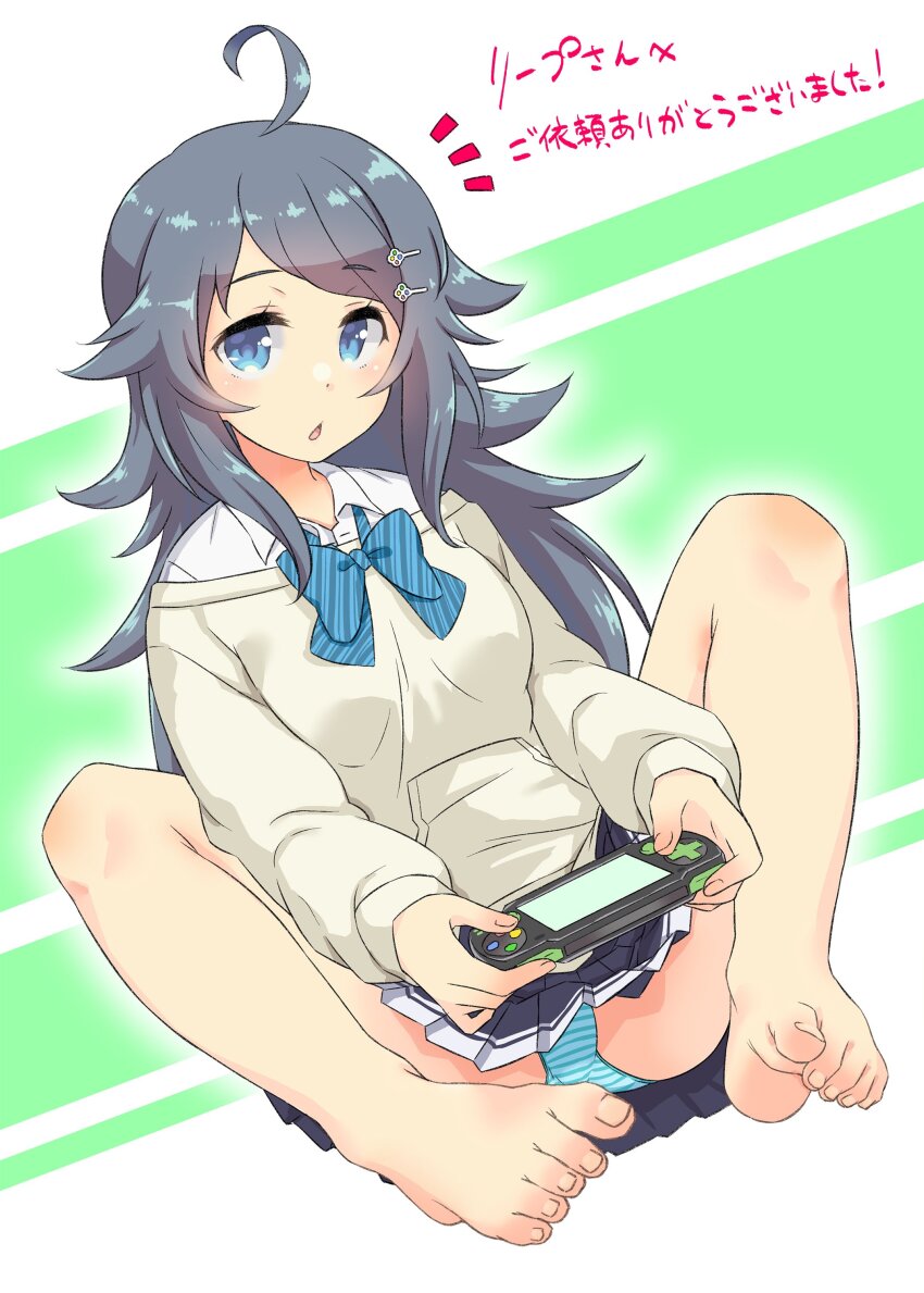 1girl, absurdres, ahoge, bare_legs, barefoot, black_skirt, blue_bow, blue_bowtie, blue_eyes, blue_panties, blush, bow, bowtie, breasts, collared_shirt, commission, eyelashes, feet, green_background, grey_hair, hair_ornament, hairclip, handheld_game_console, highres, holding, humiu, inohara_koboshi, knees_up, leaning_back, long_hair, long_sleeves, looking_at_viewer, miniskirt, ongeki, open_mouth, panties, parted_bangs, playstation_vita, pleated_skirt, school_uniform, second-party_source, shirt, sidelocks, sitting, skeb_commission, skirt, small_breasts, solo, striped_background, striped_clothes, striped_panties, swept_bangs, tan_sweater, toe_scrunch, toenails, toes, underwear, white_background, white_shirt