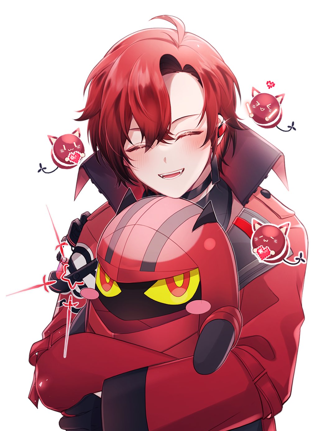 >_<, 1boy, :3, ahoge, animal_ears, black_choker, blush, cat_ears, choker, cindycc07, closed_eyes, commentary, earrings, english_commentary, fangs, gloves, hair_between_eyes, happy, heart, highres, holostars, holostars_english, hug, jacket, jewelry, machina_x_flayon, machiroon_(machina_x_flayon), male_focus, open_mouth, pixel_heart, red_hair, red_jacket, smile, solo, upper_body, virtual_youtuber