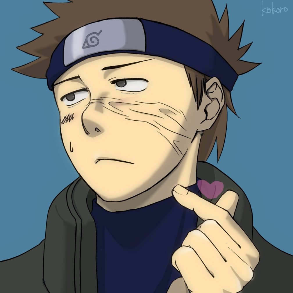 1boy, artist_name, black_eyes, blue_background, brown_hair, closed_mouth, forehead_protector, jade38kokoro