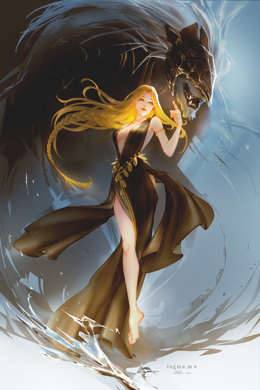 1boy, 1girl, animal_helmet, arm_up, armlet, armored_animal, barefoot, belt, black_dress, blonde_hair, blue_background, braid, covered_eyes, dress, elden_ring, fangs, floating, floating_clothes, gold_belt, hair_flowing_over, helmet, helmet_over_eyes, highres, ingma, jewelry, long_braid, long_hair, maliketh_the_black_blade, mane, plunging_neckline, pointing, pointing_up, queen_marika_the_eternal, side_split, single_braid, yellow_eyes