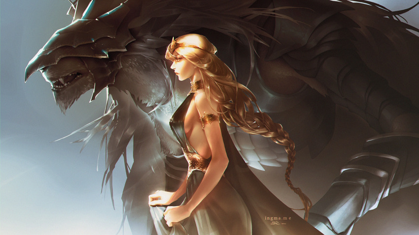 1boy, 1girl, animal_helmet, armlet, armored_animal, backless_dress, backless_outfit, bare_arms