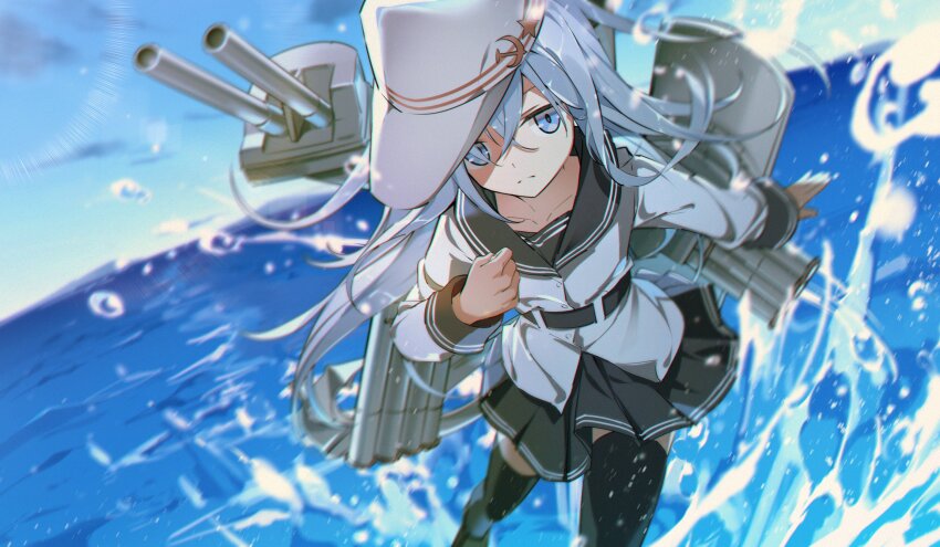 1girl, black_sailor_collar, black_skirt, black_thighhighs, blue_sky, cannon, cloud, commission