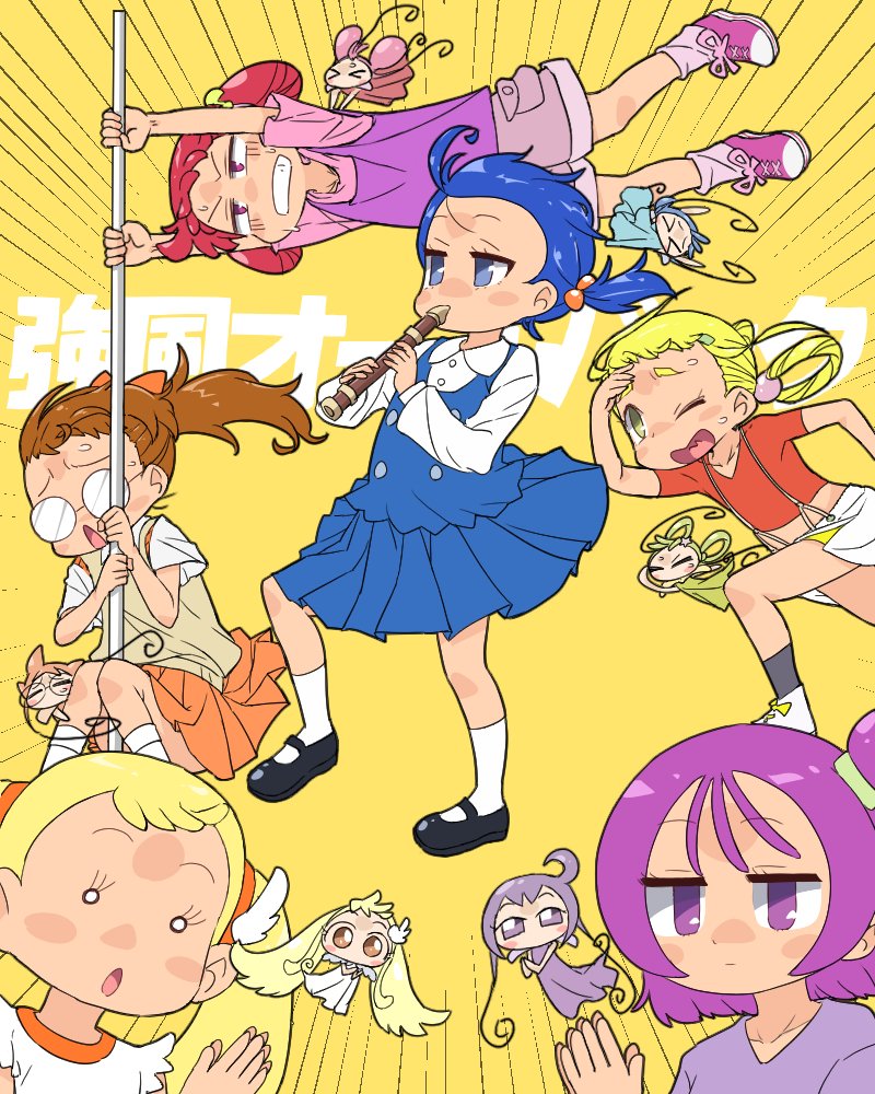 6+girls, ahoge, asuka_momoko, blonde_hair, blue_dress, blue_hair, bow, brown_eyes