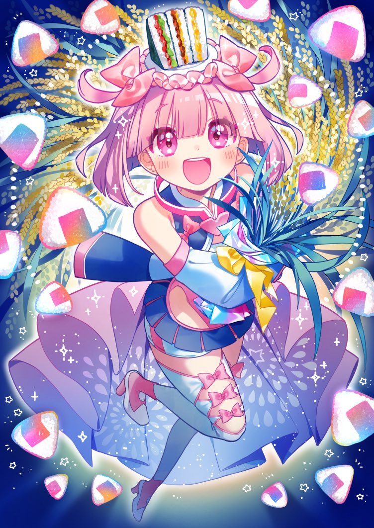 1girl, blush, bow, detached_sleeves, food, food_on_head, high_heels, holding