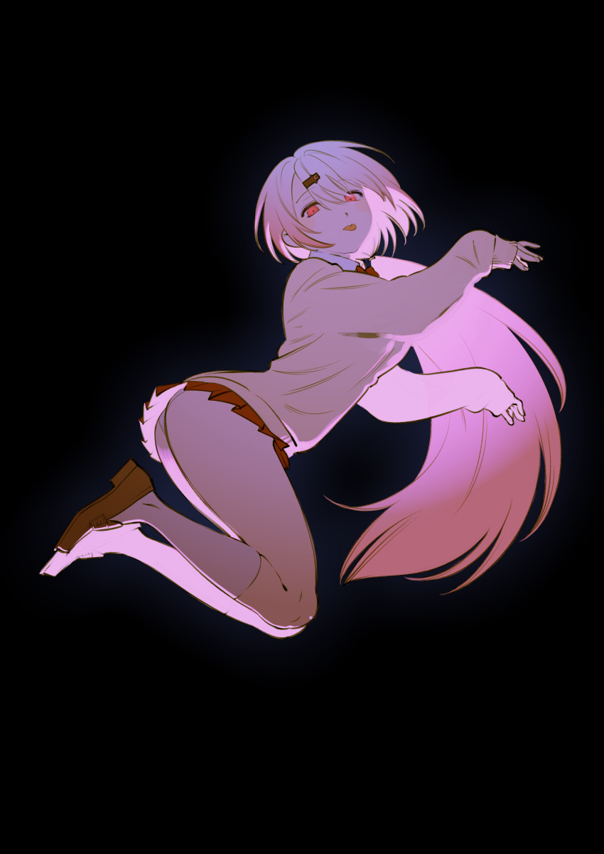1girl, absurdres, arched_back, ass, black_background, bow, bowtie, brown_shoes, collared_shirt, commentary_request, dt_777_tb, feet_up, floating, floating_hair, from_side, full_body, hair_ornament, hairclip, hands_up, highres, kneehighs, light_blush, loafers, long_hair, long_sleeves, looking_at_viewer, looking_to_the_side, low_ponytail, miniskirt, nijisanji, panties, pantyshot, pink_hair, ponytail, red_bow, red_bowtie, red_skirt, shiina_yuika, shiina_yuika_(1st_costume), shirt, shoes, simple_background, skirt, sleeves_past_wrists, socks, solo, sweater, tongue, tongue_out, underwear, very_long_hair, virtual_youtuber, white_panties, white_socks, white_sweater