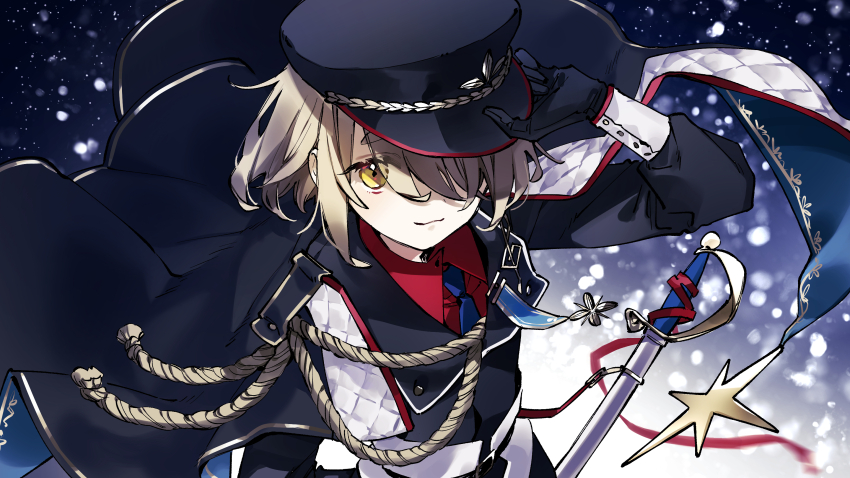 1girl, aiguillette, black_cape, black_gloves, black_hat, black_jacket, blue_necktie, cape