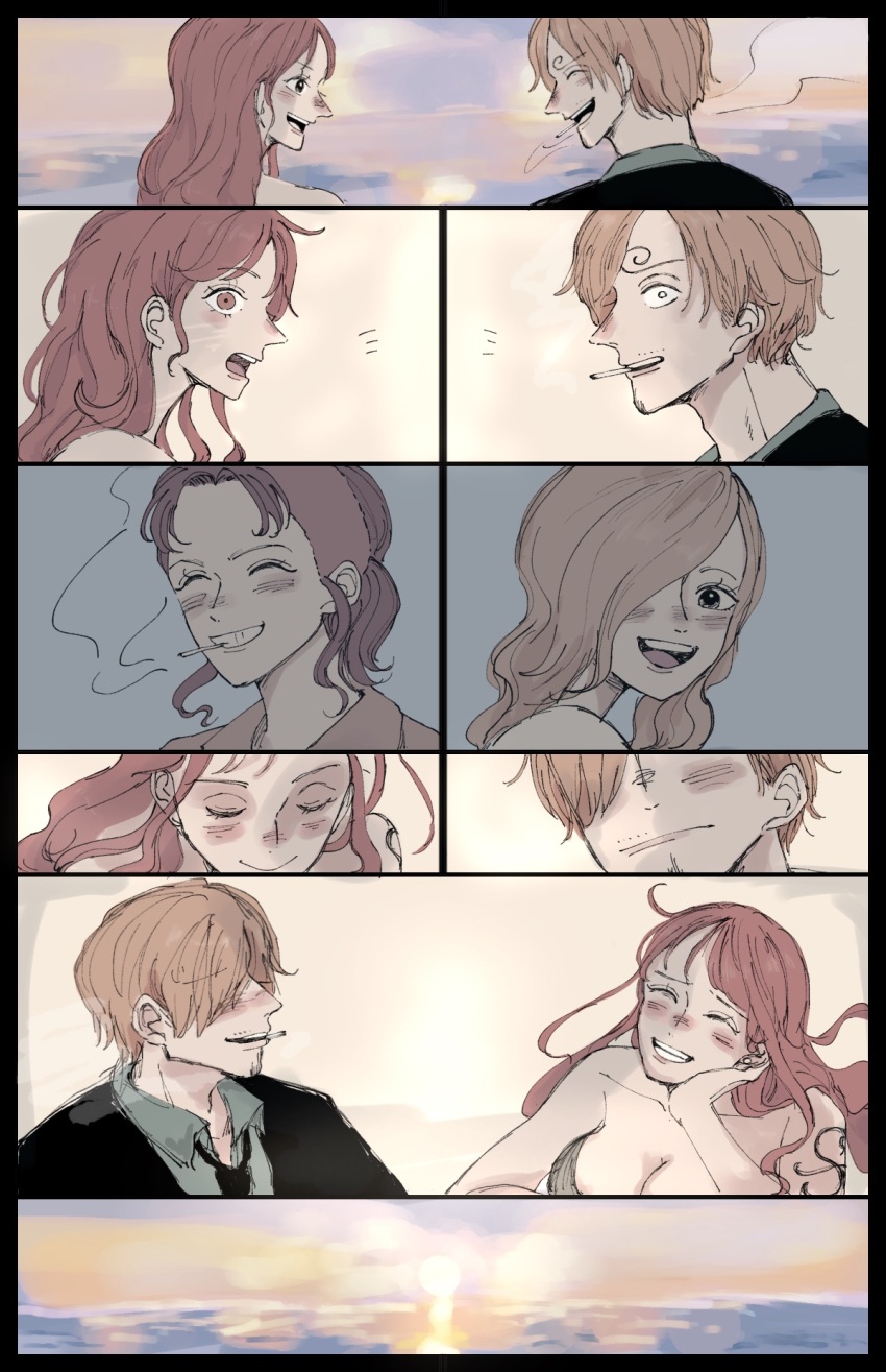 1boy, 3girls, arm_tattoo, asymmetrical_bangs, bellemere, black_necktie, blonde_hair, blush