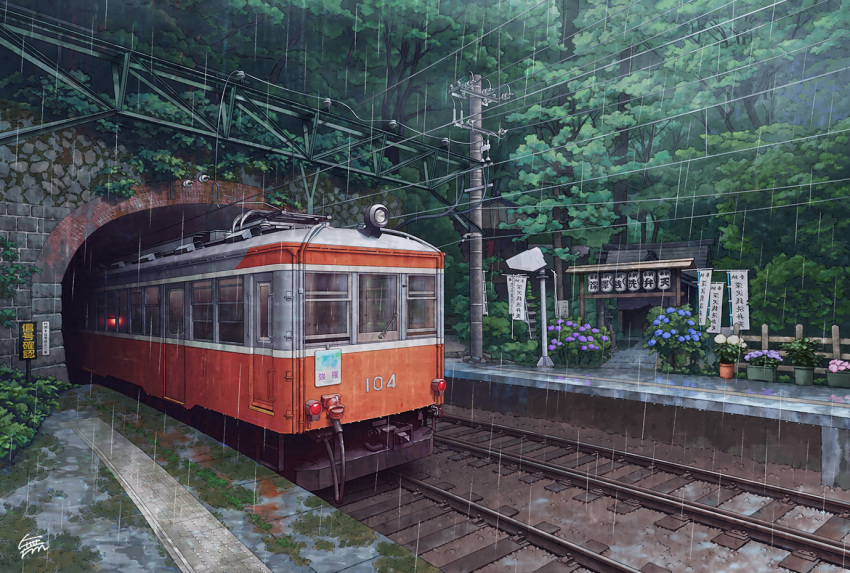 architecture, banner, building, commentary_request, east_asian_architecture, flower, hydrangea, mugumo_24k, multiple_unit_train, nature, no_humans, odakyu_hakone, original, outdoors, overgrown, overhead_line, plant, potted_plant, power_lines, railroad_tracks, rain, scenery, shrine, signature, train, train_station_platform, tree, tunnel, utility_pole