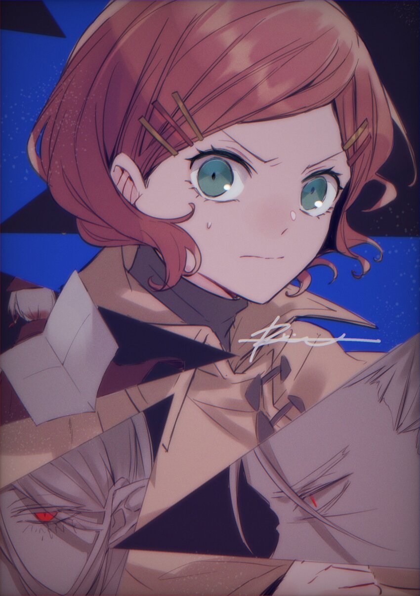 1girl, 3boys, absurdres, blue_background, blue_eyes, bram_stoker_(bungou_stray_dogs), brown_jacket, bungou_stray_dogs