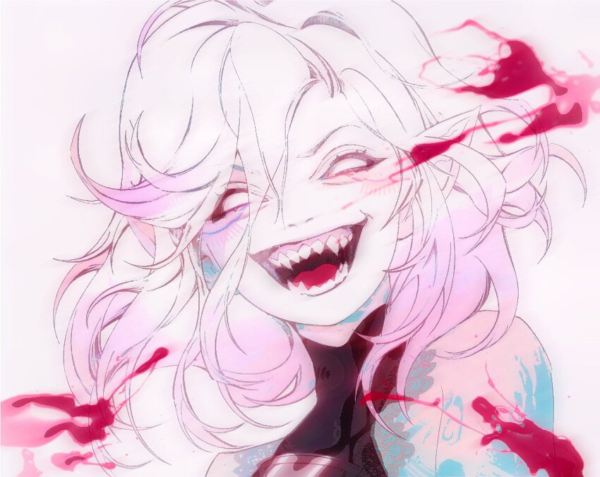 1girl, arm_tattoo, blood, briar_(league_of_legends), fangs, hair_between_eyes, highres, jian_tai_(cuoyu0), league_of_legends, looking_at_viewer, medium_hair, no_pupils, open_mouth, pointy_ears, sharp_teeth, smile, solo, tattoo, teeth, upper_body, v-shaped_eyebrows, vampire, white_eyes