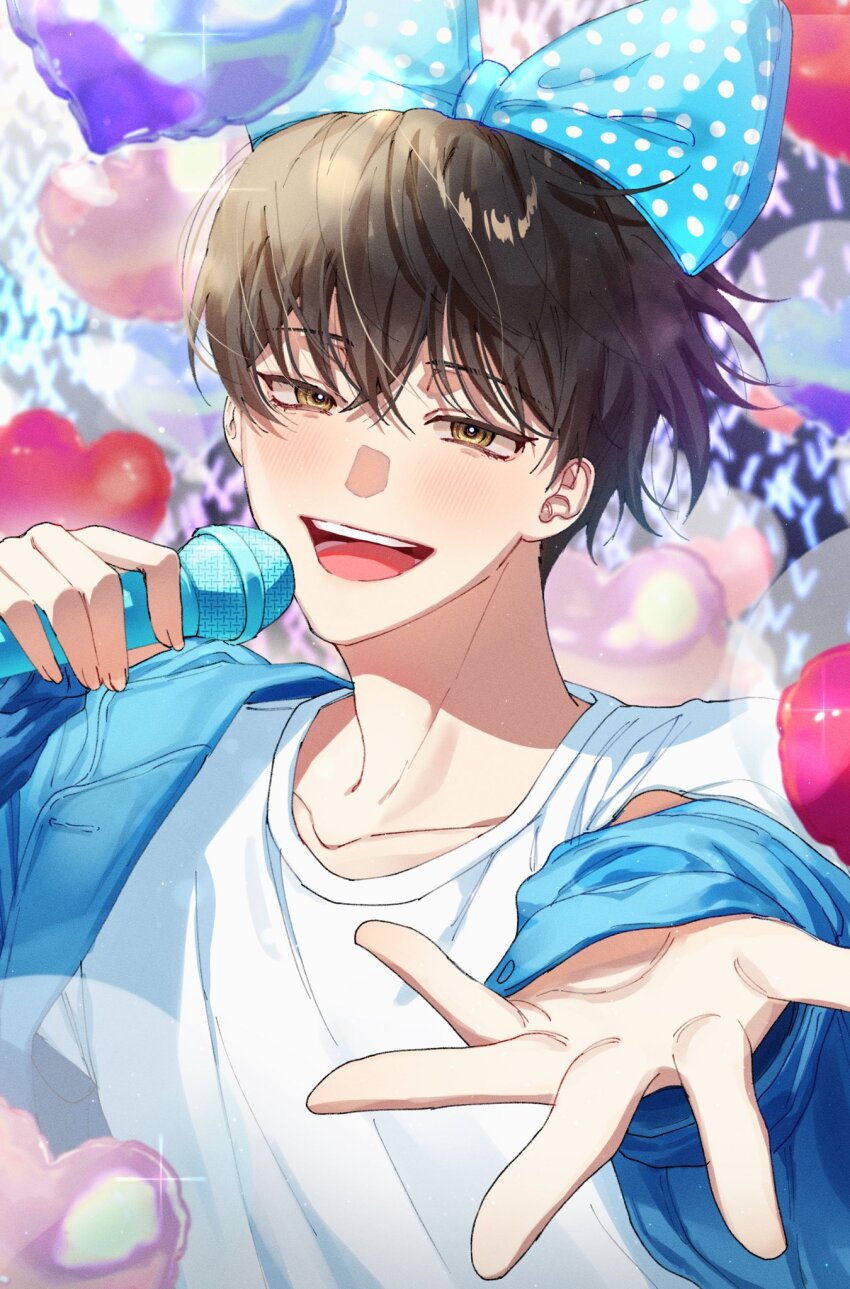 1boy, bae_sejin, balloon, bishounen, black_hair, blue_bow, blue_jacket, blush