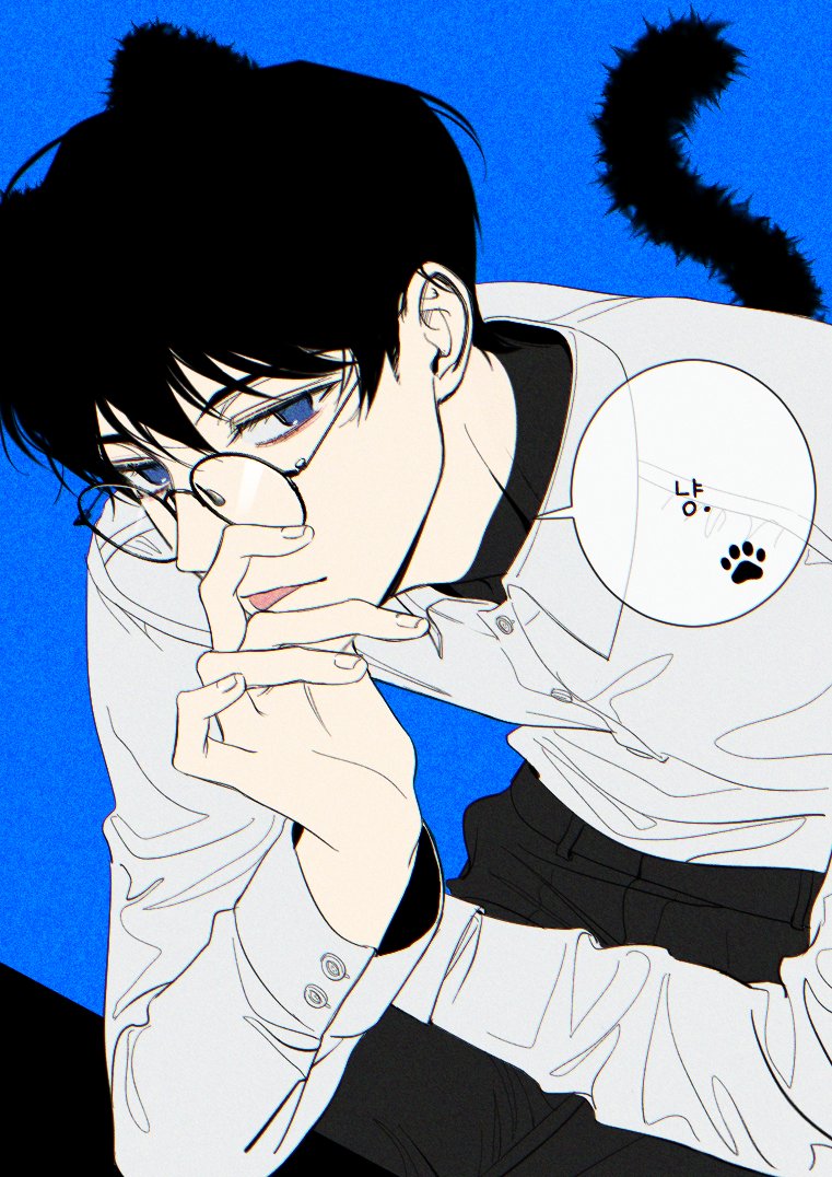 1boy, animal_ears, black_hair, blue_background, blue_eyes, buttons, cat_ears, cat_tail