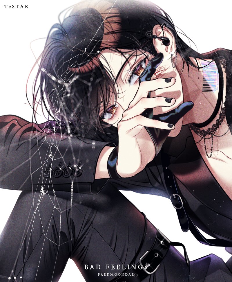 1boy, barcode, belt, black_hair, black_nails, buttoned_cuffs, buttons, dalya_png, debwi_mos_hamyeon_jugneun_byeong_geollim, earphones, glint, gloves, half_gloves, idol, idol_clothes, lace, looking_at_viewer, male_focus, park_moondae, shirt_belt, short_hair, shoulder_belt, silk, solo, thigh_belt, thigh_strap, white_background, yellow_eyes