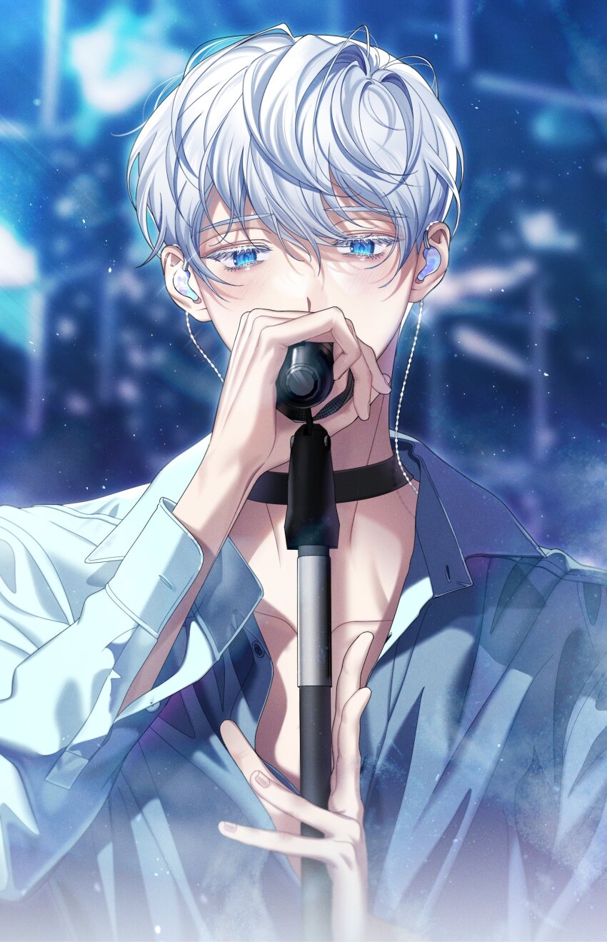 1boy, bishounen, black_choker, blue_eyes, blurry, blurry_background, chain, choker