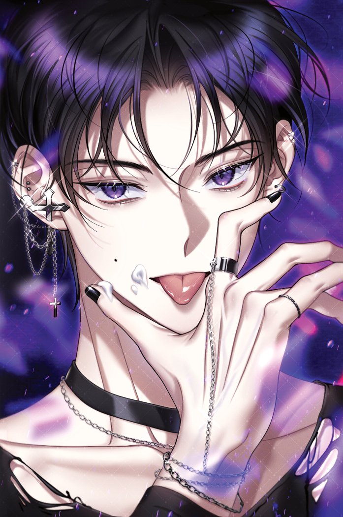 1boy, black_choker, black_hair, black_nails, black_shirt, chain, chain_earrings, choker