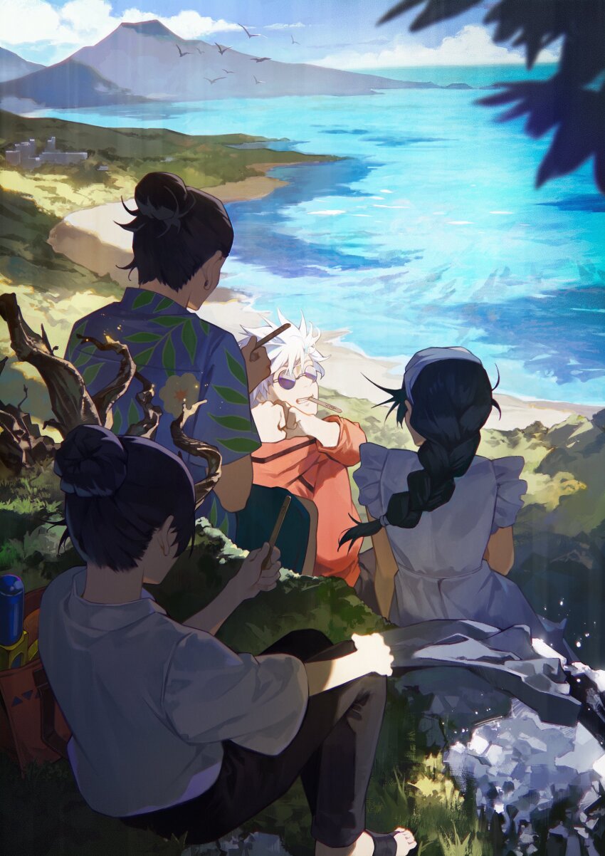 2boys, 2girls, absurdres, amanai_riko, bag, black_footwear, black_hair, black_pants