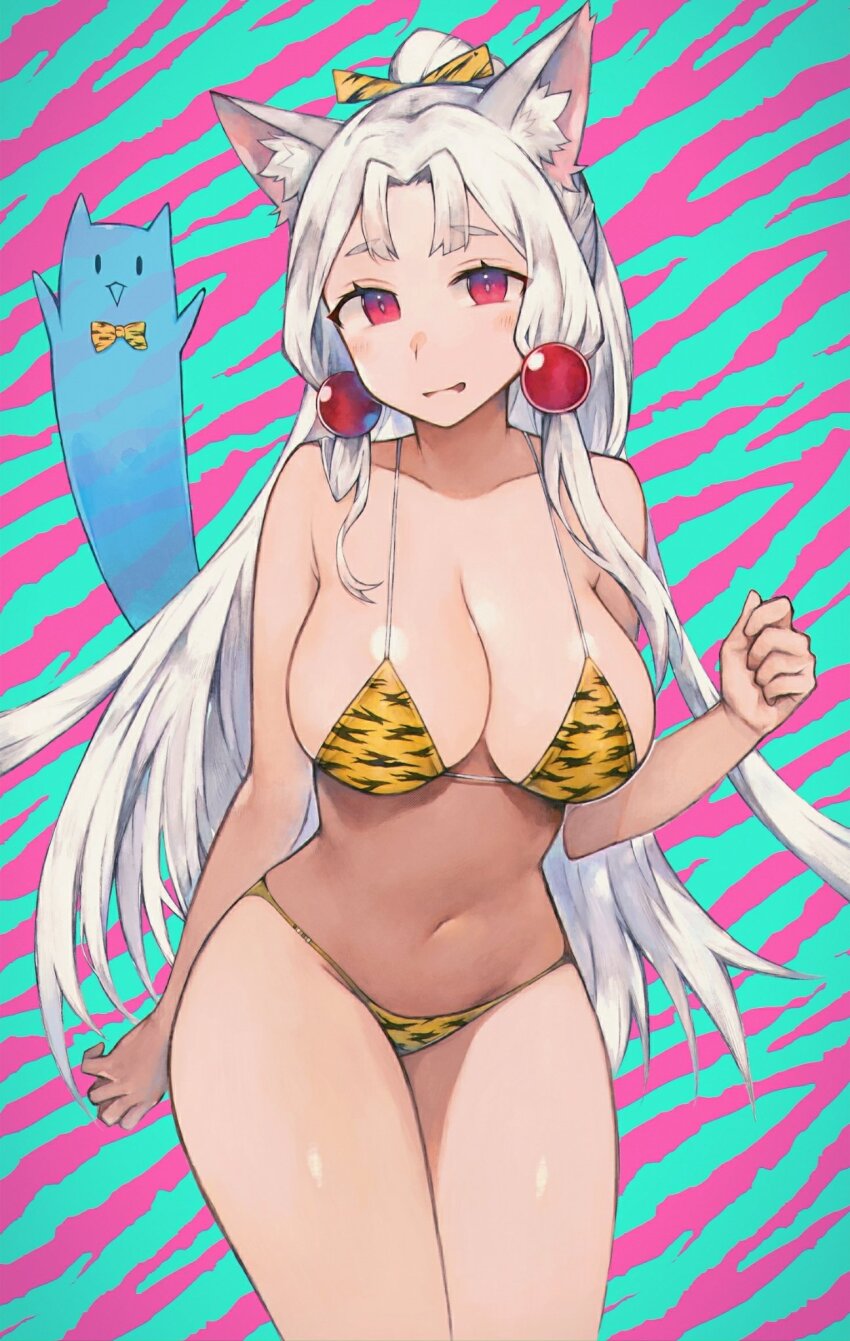 1girl, animal, animal_ear_fluff, animal_ears, animal_print, babayaga_13lood, beads, bikini