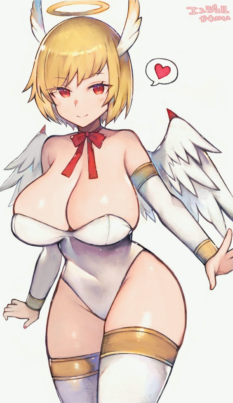 1girl, angel_(monster_farm), babayaga_13lood, blonde_hair, blush, breasts, cleavage, detached_sleeves, feathered_wings, grey_background, halo, head_wings, heart, highres, large_breasts, leotard, looking_at_viewer, monster_farm, neck_ribbon, red_eyes, red_ribbon, ribbon, short_hair, simple_background, smile, solo, spoken_heart, thighhighs, white_leotard, white_thighhighs, white_wings, wings