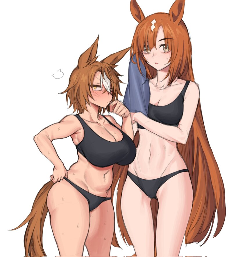 2girls, alternate_breast_size, animal_ears, asymmetrical_bangs, black_panties, black_sports_bra, blunt_bangs, blunt_ends