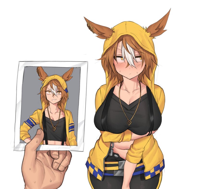 1girl, alternate_breast_size, animal_ears, arm_under_breasts, ascot, averting_eyes, awkward, black_shirt, blush, breasts, brown_hair, commentary_request, dicta_striker_(umamusume), ears_through_headwear, fukuro_(maruaru00), grin, hair_between_eyes, highres, holding, holding_photo, hood, hooded_jacket, horse_ears, horse_girl, jacket, jewelry, large_breasts, long_sleeves, midriff, multicolored_hair, navel, nervous_sweating, open_clothes, open_jacket, pendant, photo_(object), pov, pov_hands, shirt, simple_background, smile, sweat, sweatdrop, two-tone_hair, umamusume, umamusume:_cinderella_gray, white_background, white_hair, yellow_ascot, yellow_eyes, yellow_jacket