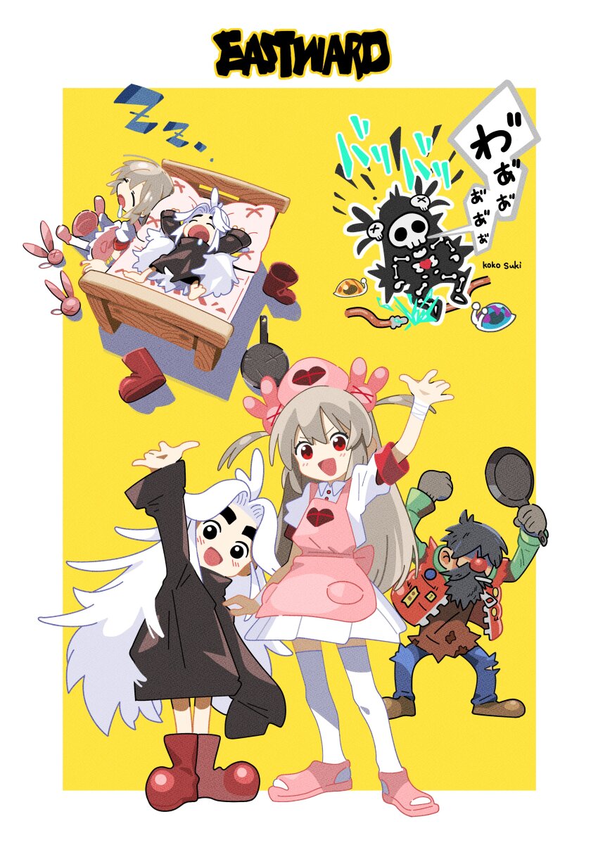 1boy, 2girls, absurdres, antenna_hair, apron, arm_up, armband, arms_up