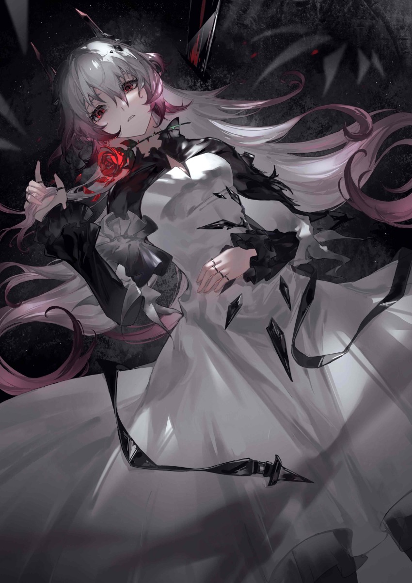 1girl, absurdres, arknights, black_dress, black_ribbon, dress, flower, hair_spread_out