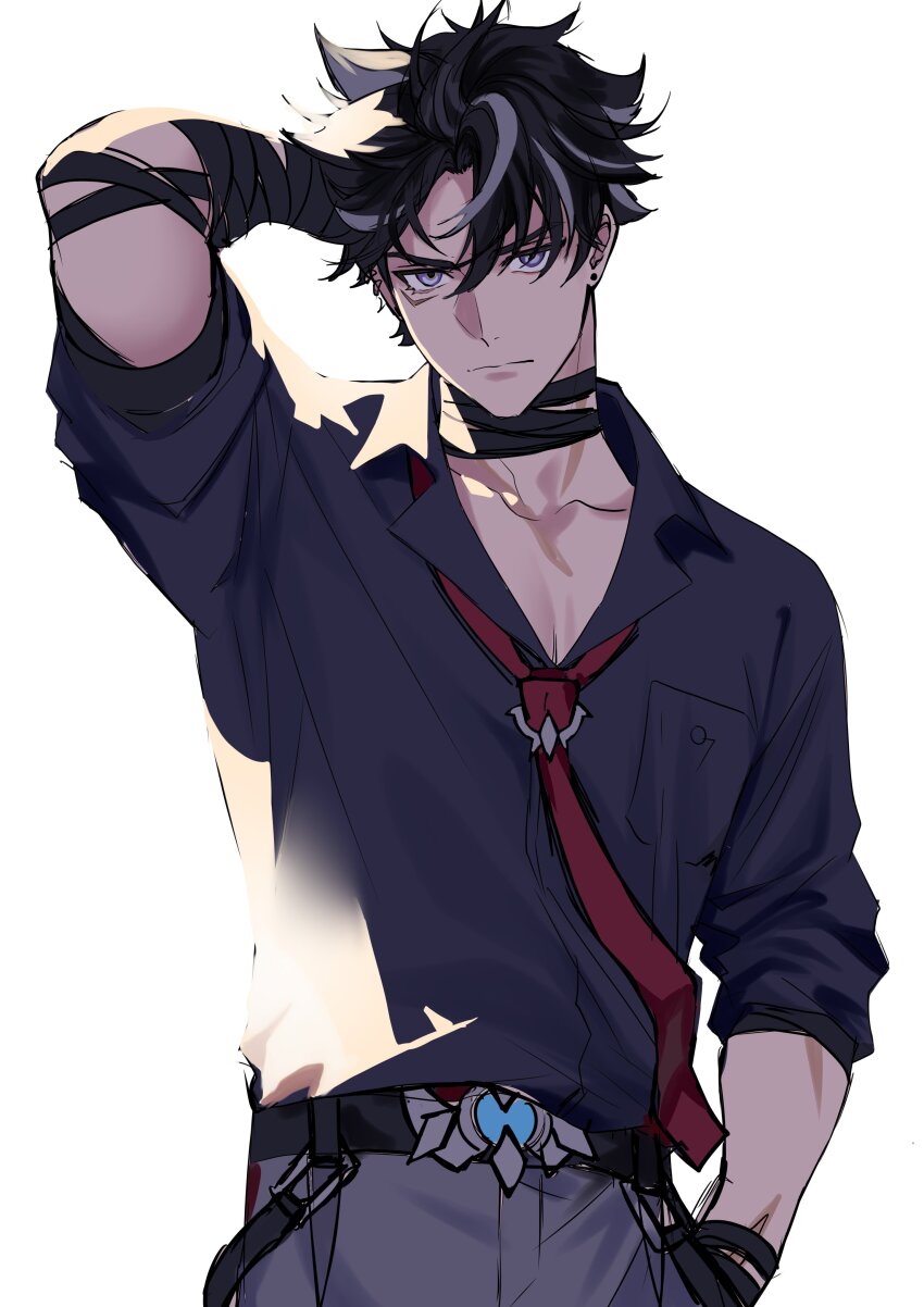 1boy, absurdres, arm_up, bandaged_arm, bandages, belt, black_belt, black_choker