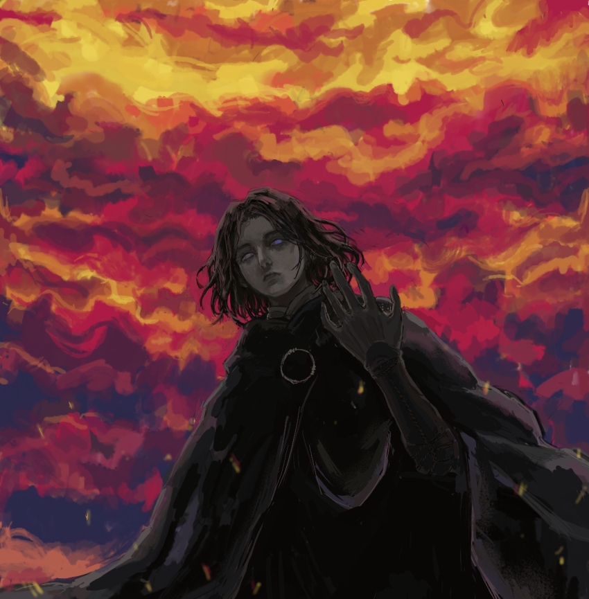 1girl, ashes, black_cloak, bob_cut, brown_hair, cloak, elden_ring, embers