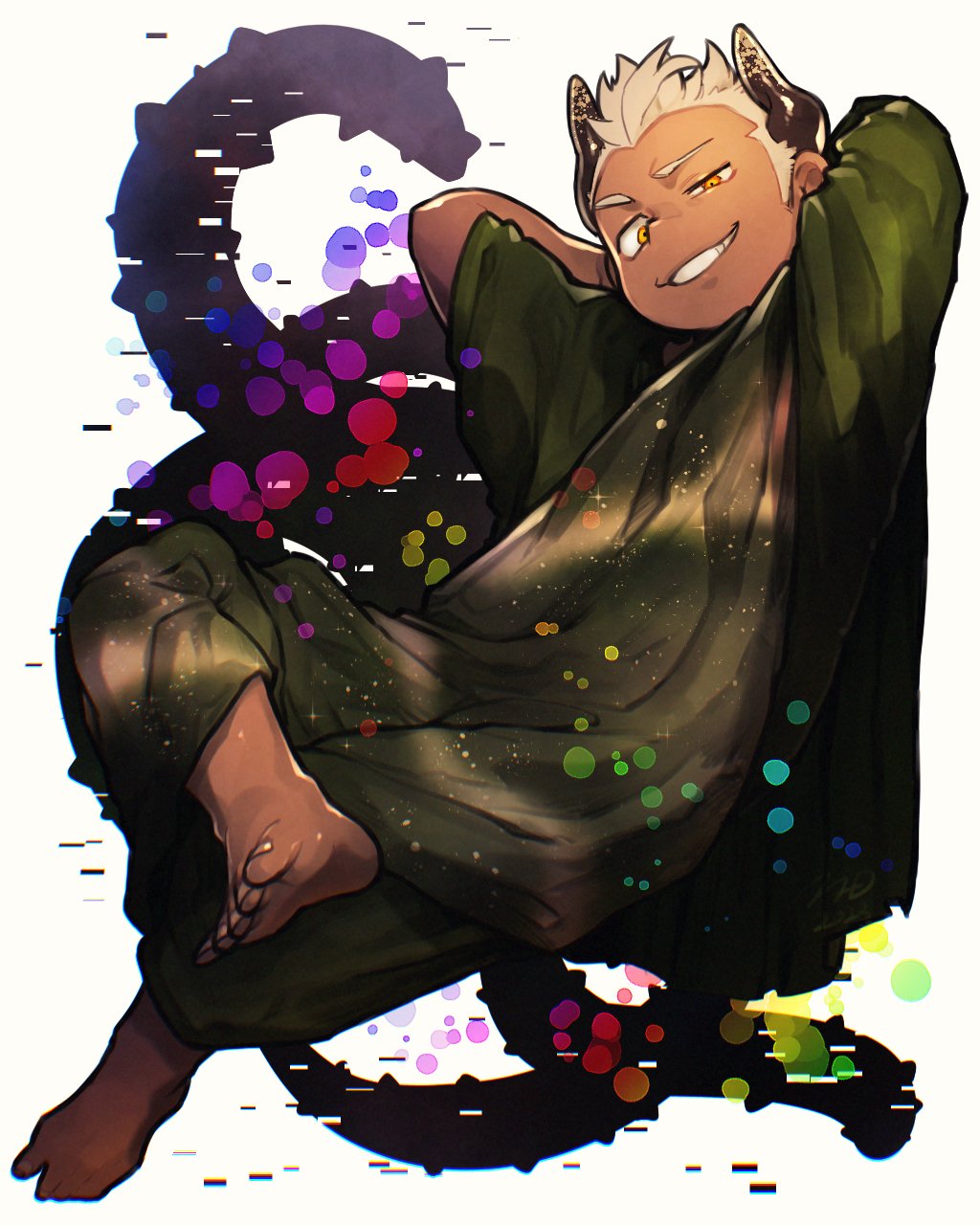 1boy, arms_behind_head, azathoth_(housamo), barefoot, commentary_request, crossed_legs, dark-skinned_male, dark_skin, demon_boy, demon_horns, full_body, glitch, grin, highres, horns, male_focus, mid_(mid_skb), rainbow, robe, short_hair, sideburns, simple_background, smile, solo, tentacles, tokyo_houkago_summoners, uneven_eyes, white_background, white_hair, yellow_eyes