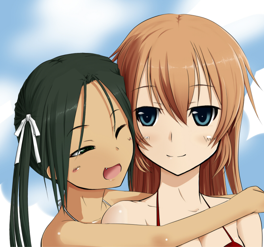 2girls, blue_eyes, blush, bokunoryuugi, charlotte_e._yeager, fang, francesca_lucchini, green_hair