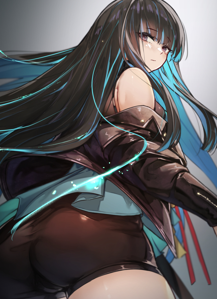1girl, ass, bare_shoulders, black_hair, black_jacket, blue_hair, breasts, colored_inner_hair, dress, fate/grand_order, fate_(series), green_dress, grey_eyes, highres, jacket, long_hair, long_sleeves, looking_at_viewer, looking_back, medium_breasts, multicolored_hair, off_shoulder, open_clothes, open_jacket, sidelocks, solo, tenochtitlan_(event_portrait)_(fate), tenochtitlan_(fate), ura_illust