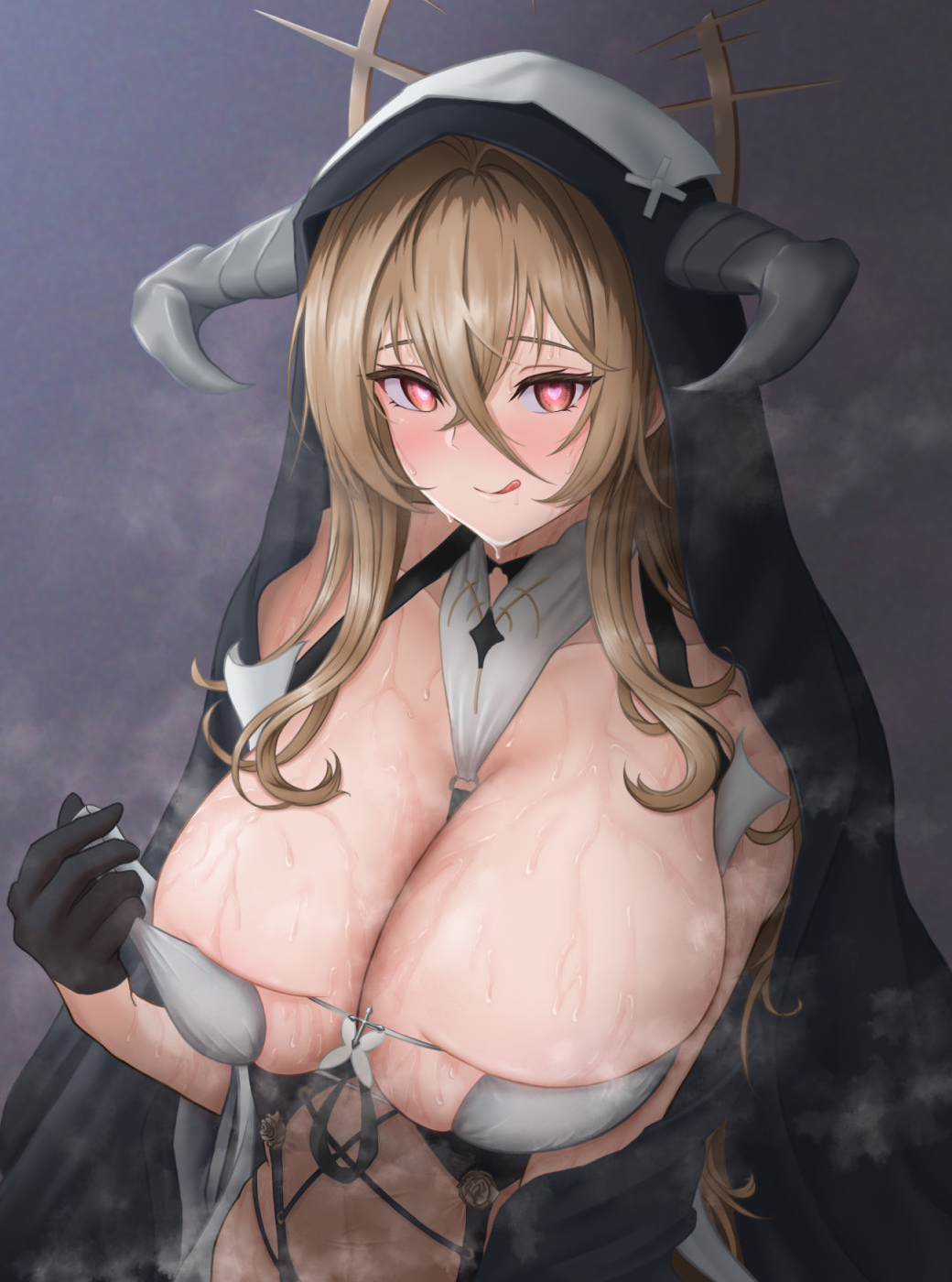 1girl, :q, azur_lane, between_breasts, black_gloves, blonde_hair, blush, breasts, clothes_pull, fake_horns, from_above, gloves, habit, hair_between_eyes, half_gloves, heart, heart-shaped_pupils, highres, horns, huge_breasts, implacable_(azur_lane), long_hair, looking_at_viewer, nun, ohwani333, pulling_own_clothes, red_eyes, see-through_clothes, simple_background, skindentation, solo, steaming_body, strap_between_breasts, sweat, symbol-shaped_pupils, tongue, tongue_out, very_long_hair, white_horns