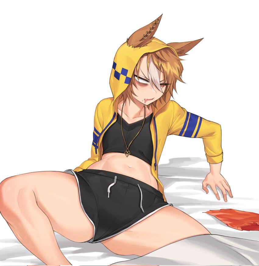 1girl, animal_ears, black_shorts, black_tank_top, blank_eyes, brown_hair, collarbone, commentary