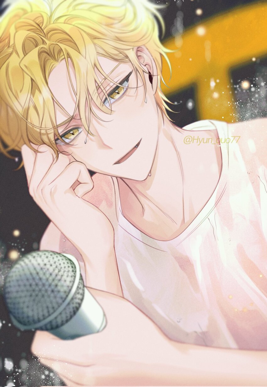 1boy, bishounen, blonde_hair, blurry, blurry_background, cha_eugene, debwi_mos_hamyeon_jugneun_byeong_geollim, fang