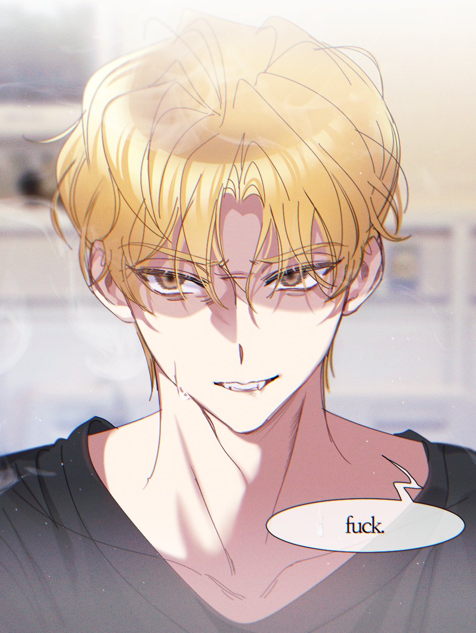 1boy, bishounen, black_shirt, blonde_hair, blurry, blurry_background, cha_eugene, debwi_mos_hamyeon_jugneun_byeong_geollim